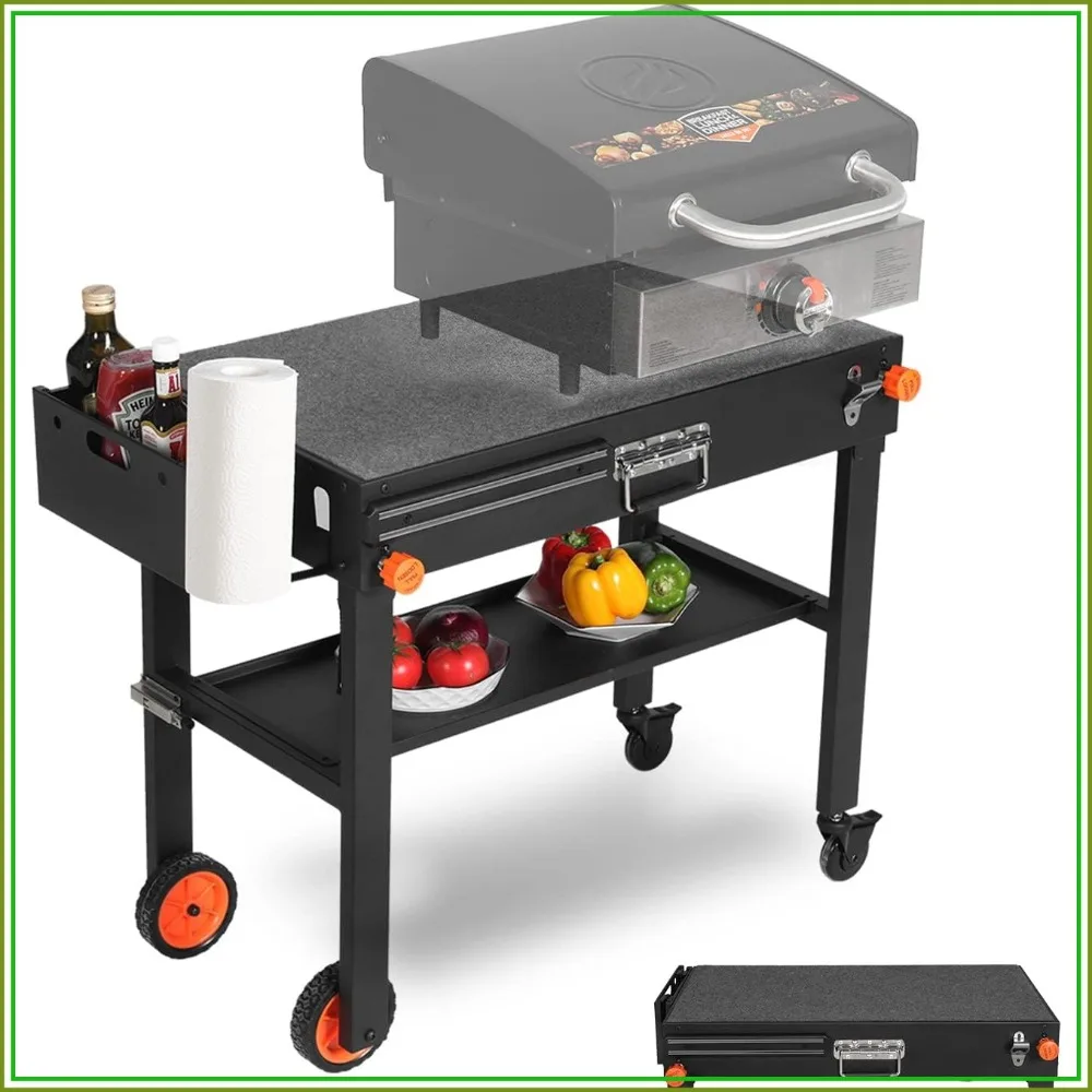 

Portable Outdoor Grill Table, Folding Grill Cart with Wheels, Griddle Stand for 17"/22" Grills, Sturdy Large Space