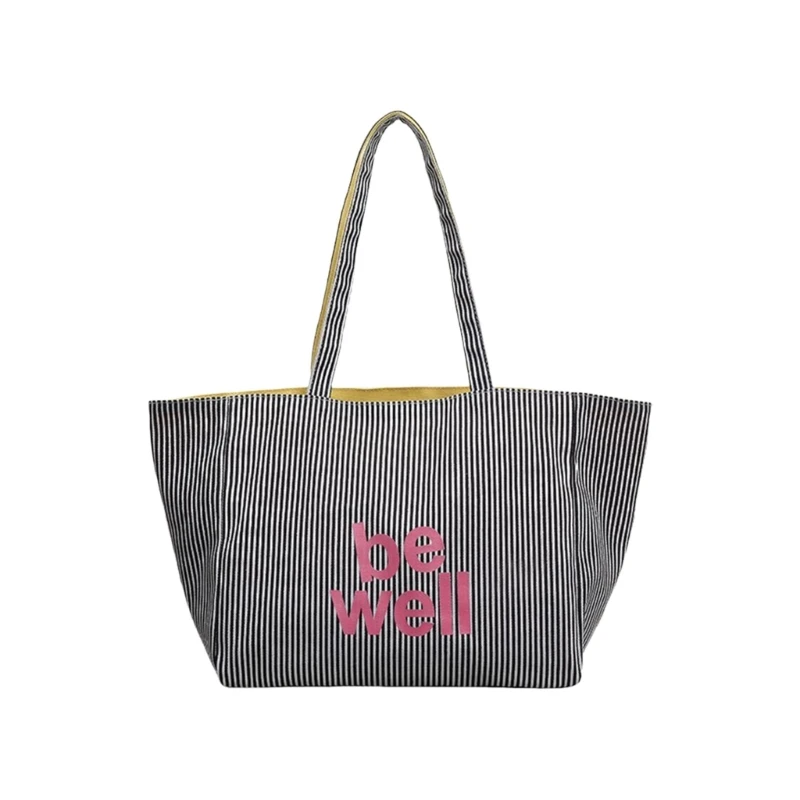 

Double Sided Striped Canvas Bag Large Capacity Multiple Pockets Strong Shoulder Strap