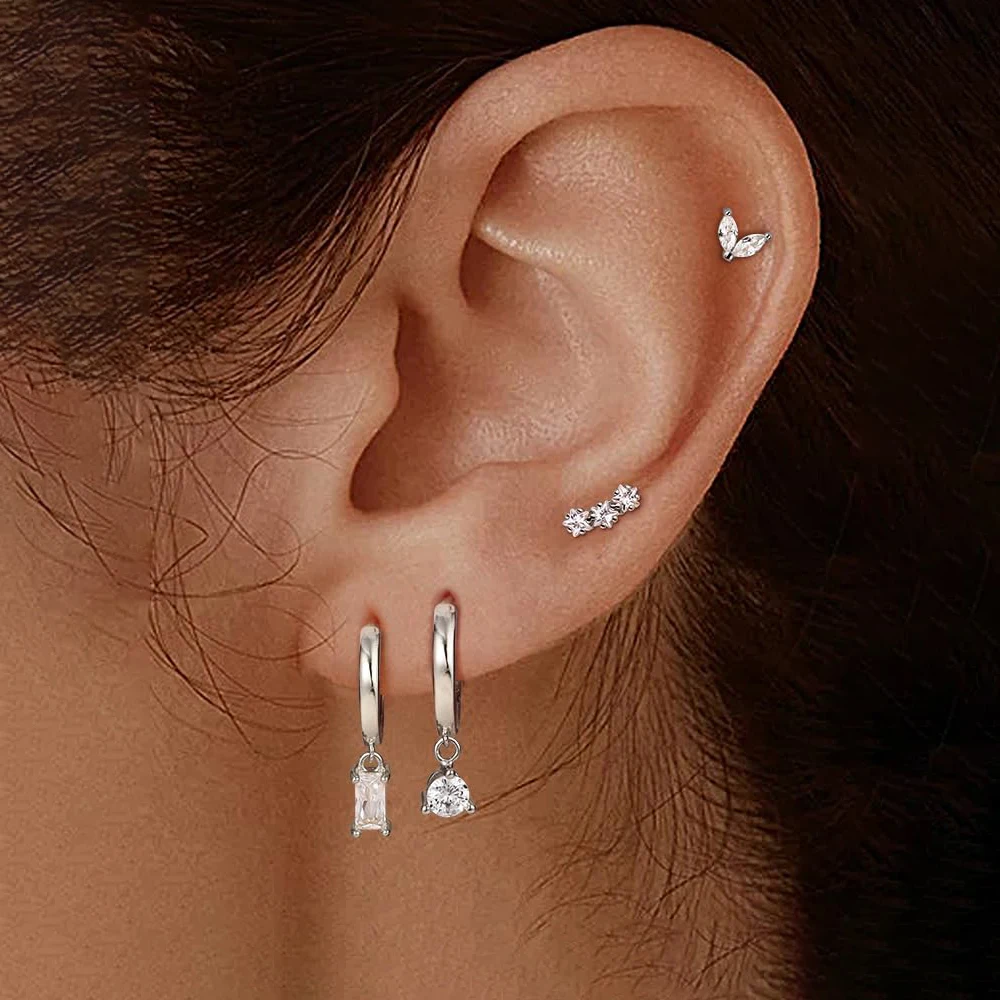 4PCS Flower Dangle Earring Set for Women Luxury Zircon 14K Gold Plated Cartilage Piercing Hoop Earring Statement Jewelry