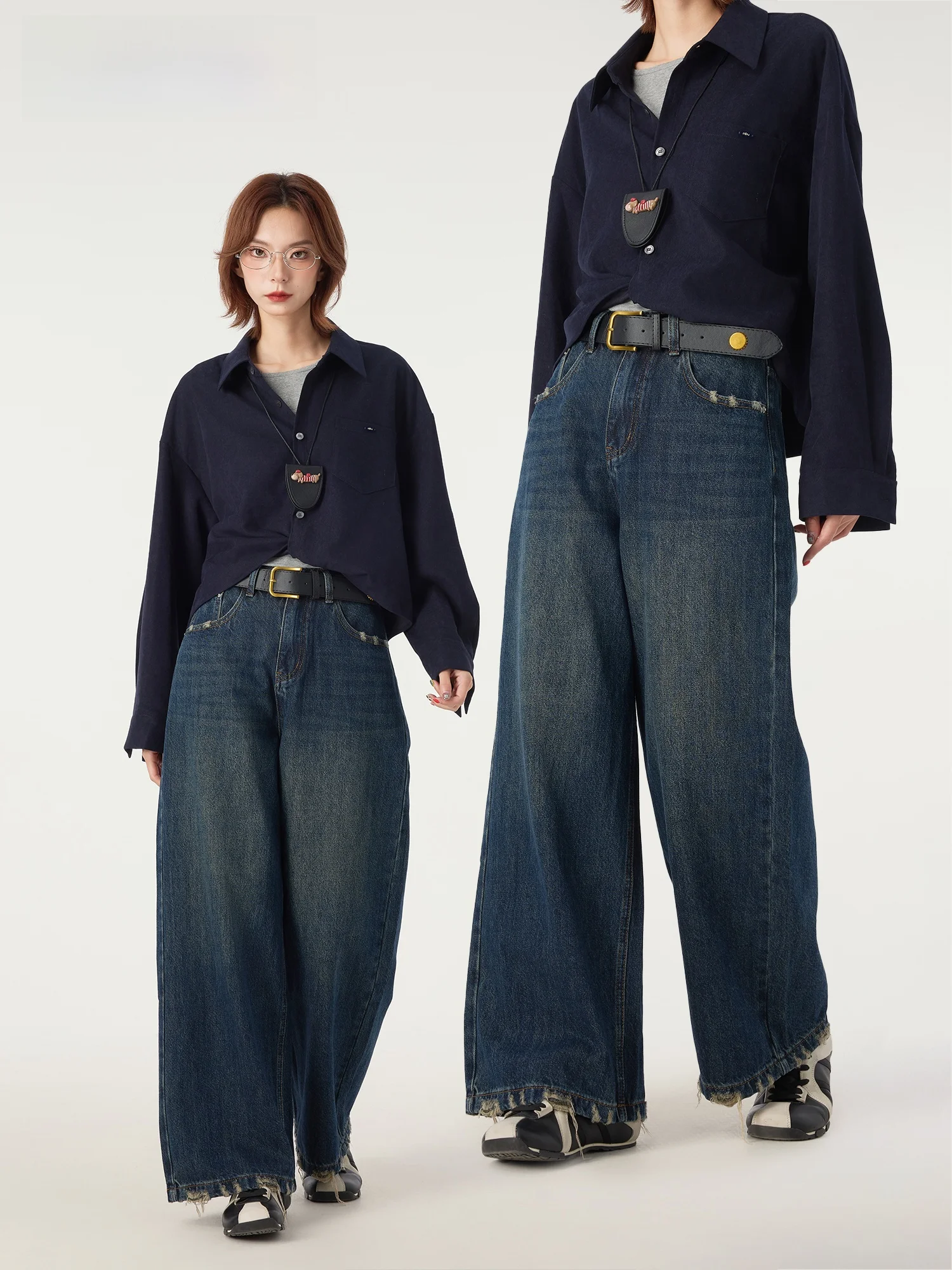 

Джинсы Didimax: Новинка зимы, женские, с высокой талией, широкими штанинами, свободного кроя, с потертостями по низу, из хлопкового стрейч-денима