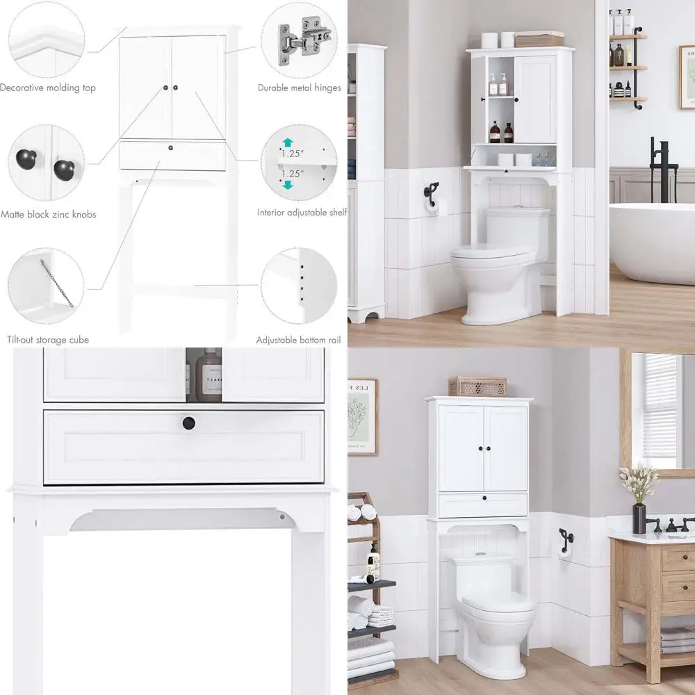 

White Bathroom Storage Cabinet with Doors & Adjustable Shelves Above Toilet