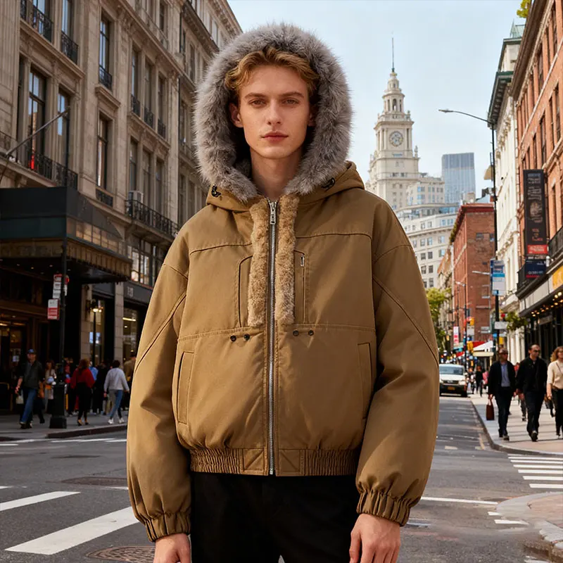 

Men's winter fleece-lined cotton jacket with hood, front zipper closure, adjustable drawstring, pockets, windproof, and warm.