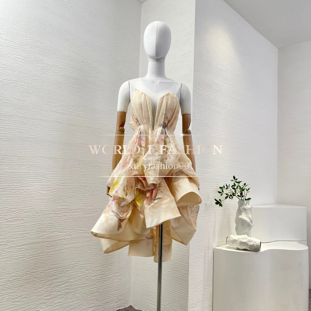 

Women's Elegant Sleeveless Ruffles Tube Irregular Hem Mini Dress High Quality Linen Silk 2025 New