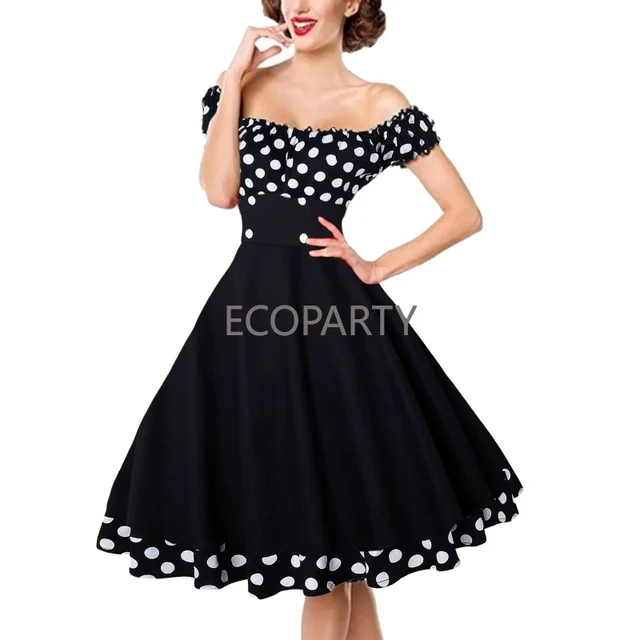 Elegant Vintage Hepburn Dress Women Black Red Off Shoulder Sleeveless A line Dress Female Retro Rockabilly 50s Polka Dot Dress Dresses AliExpress
