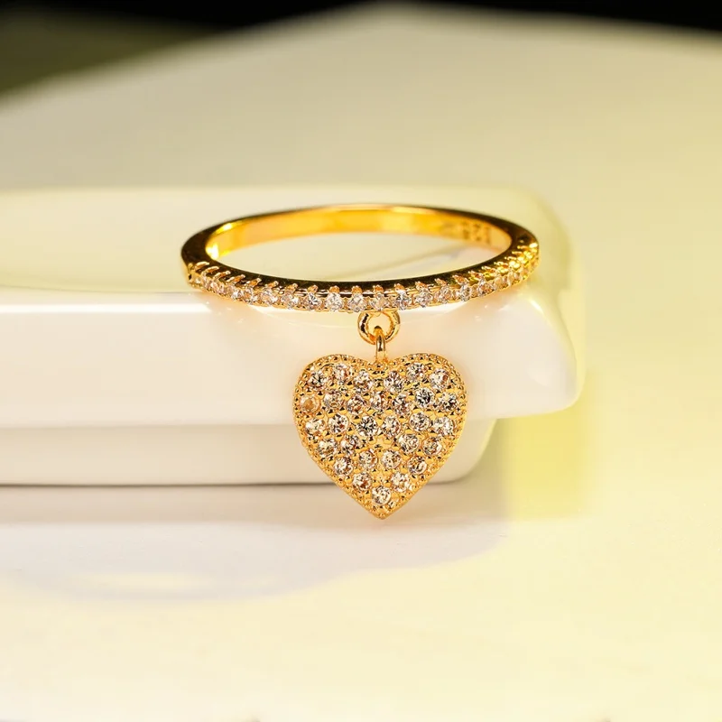 European and American Style Dynamic Heart Ring Full of Zircon Stones, Swappable Heart-shaped Pendant, Simple Accessory