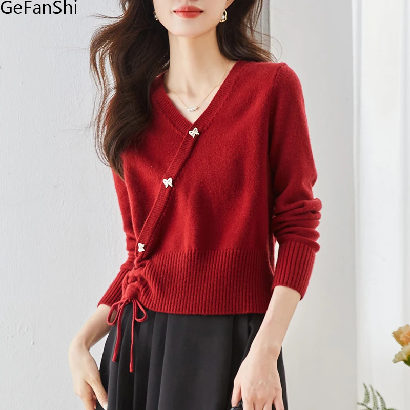 

Autumn Winter Elegant Fashion V-Neck Sexy Long Sleeve Sweaters Slim Bastic Tops For Women Knitting Clothes Ladies Sweaters