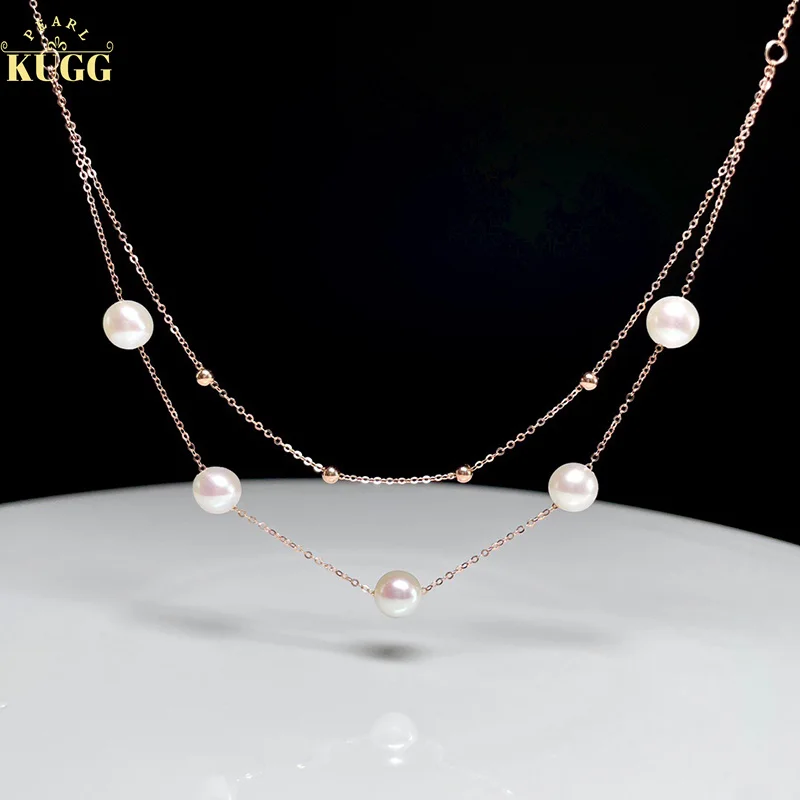 

KUGG PEARL 18K Rose or Yellow Gold Necklace 6-6.5mm Natural Freshwater Pearl Necklace for Women Elegant Double Chain Design