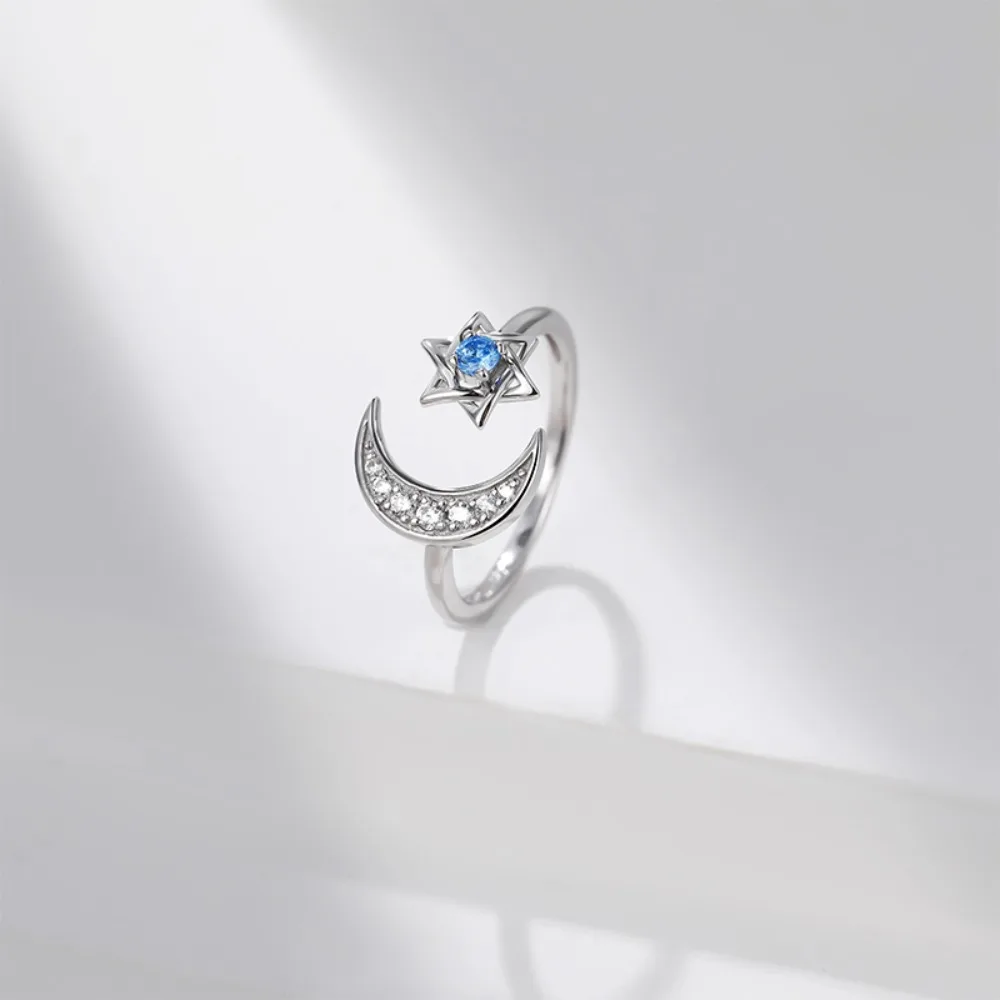 Monkton S925 anelli in argento Sterling luna e stella esagonale per le donne che aprono il regalo di gioielli da sposa stella di David regolabile