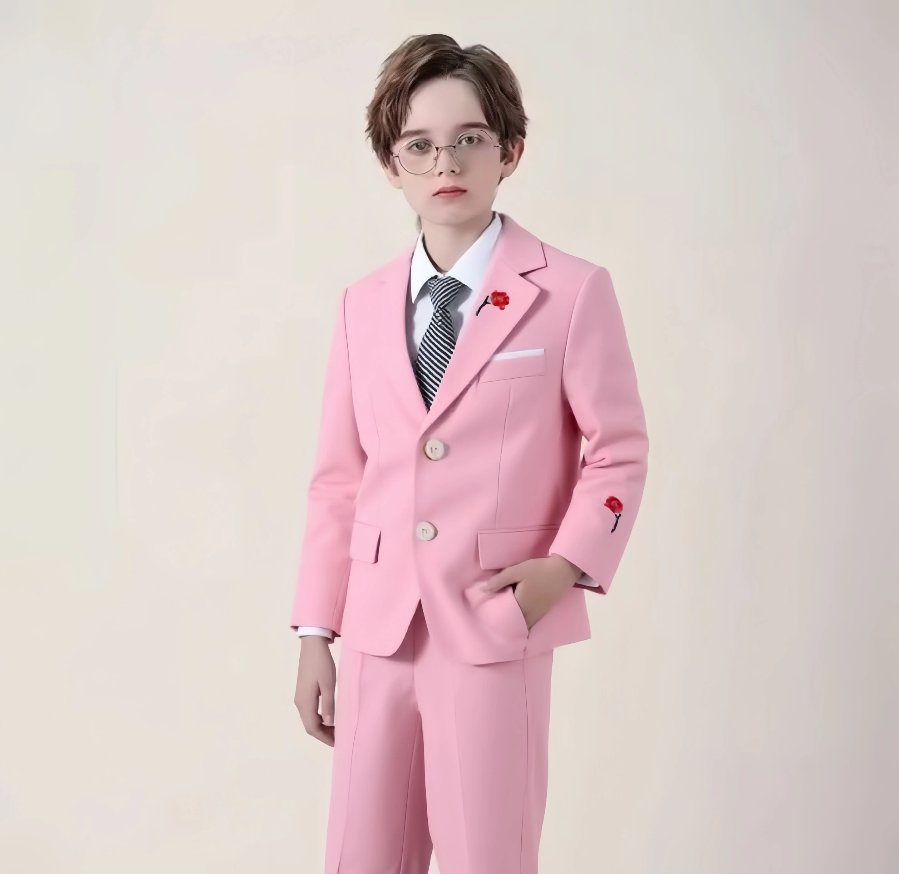 

Boys' Embroidered 3Pieces Pink Formal Suit With Jacket Pants Tie For Wedding Birthday Kids Fashion Event Party Outfit