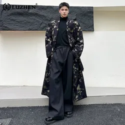 LUZHEN Long Lace Up Decorate Trench Coat Chinese Floral Pattern Elegant Trendy Men Trench Outerwear Winter Autumn Tops LZ7106