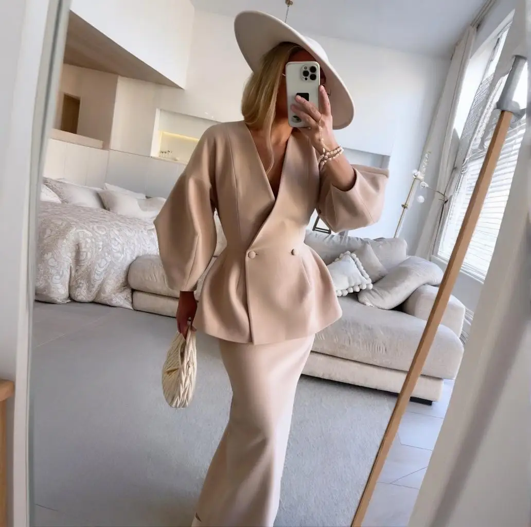 Chic Women's Autumn Winter 2-Piece Puff Sleeve Coat & Skirt Set