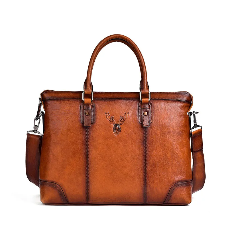 Real Genuine Leather Men Briefcase Natural Cowhide Handbag Vintage Casual Computer Bag Fashion Crossbody Bag Laptop Shoulder Bag