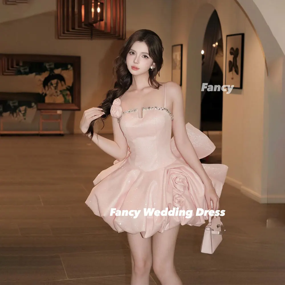 

Fancy Cute Pink Shiny Beading Evening Dress A Line Organza Prom Gown Mini Short Spaghetti Straps Special Dresses Customized