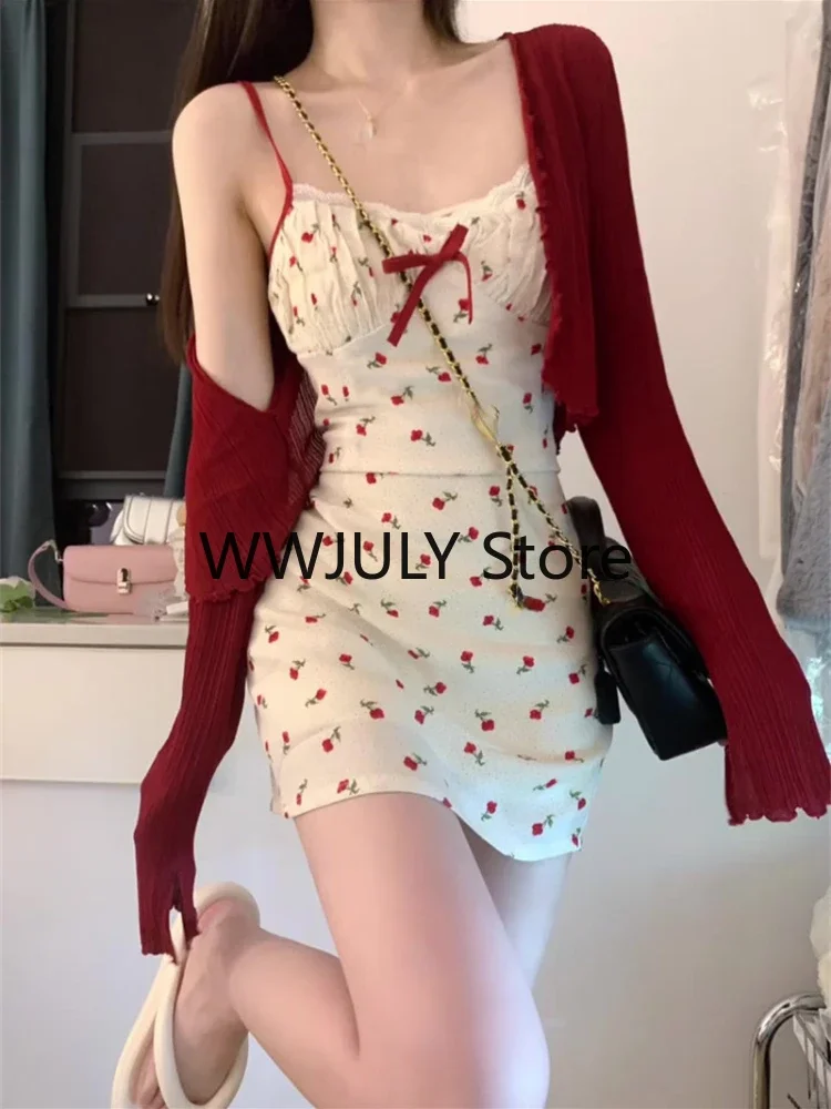 Sweet 2 Piece Dress Set Woman Red Long Sleeve Cardigan + Strap Floral Y2k Mini Dress Party Korean Fashion Suit 2023 Autumn Chic