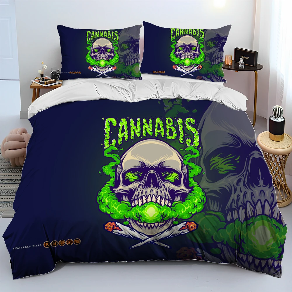 3D Maple Weed Plants Green Death Skull Bedding Set,Duvet Cover Bed Set Quilt Cover Pillowcase,King Queen Size Bedding Set Adult