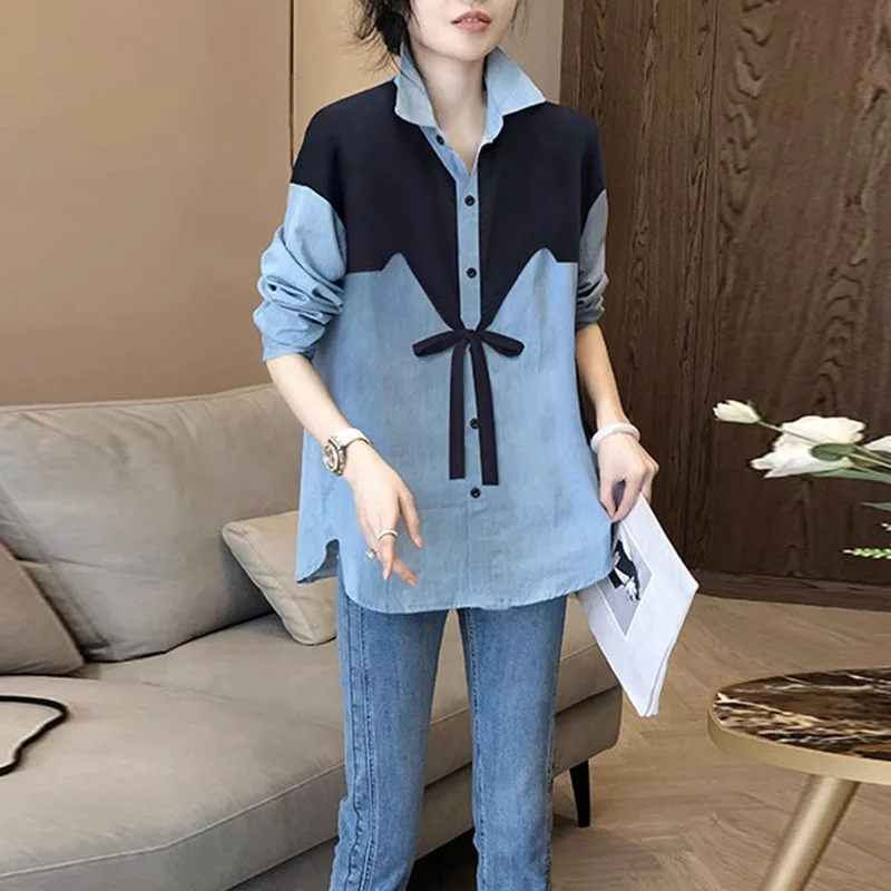 

Spring/Autumn New Arrival Long Sleeve Shirt Women's Loose Fashion Contrast Color Block Shirt with Tie