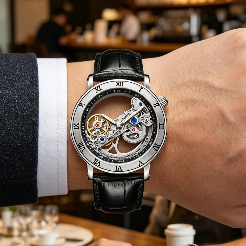 Fashion Top Men Mechanical Watch Unique Transparent Hollow Automatic Self Wind Watches Men Stainless Steel Tourbillon Watches