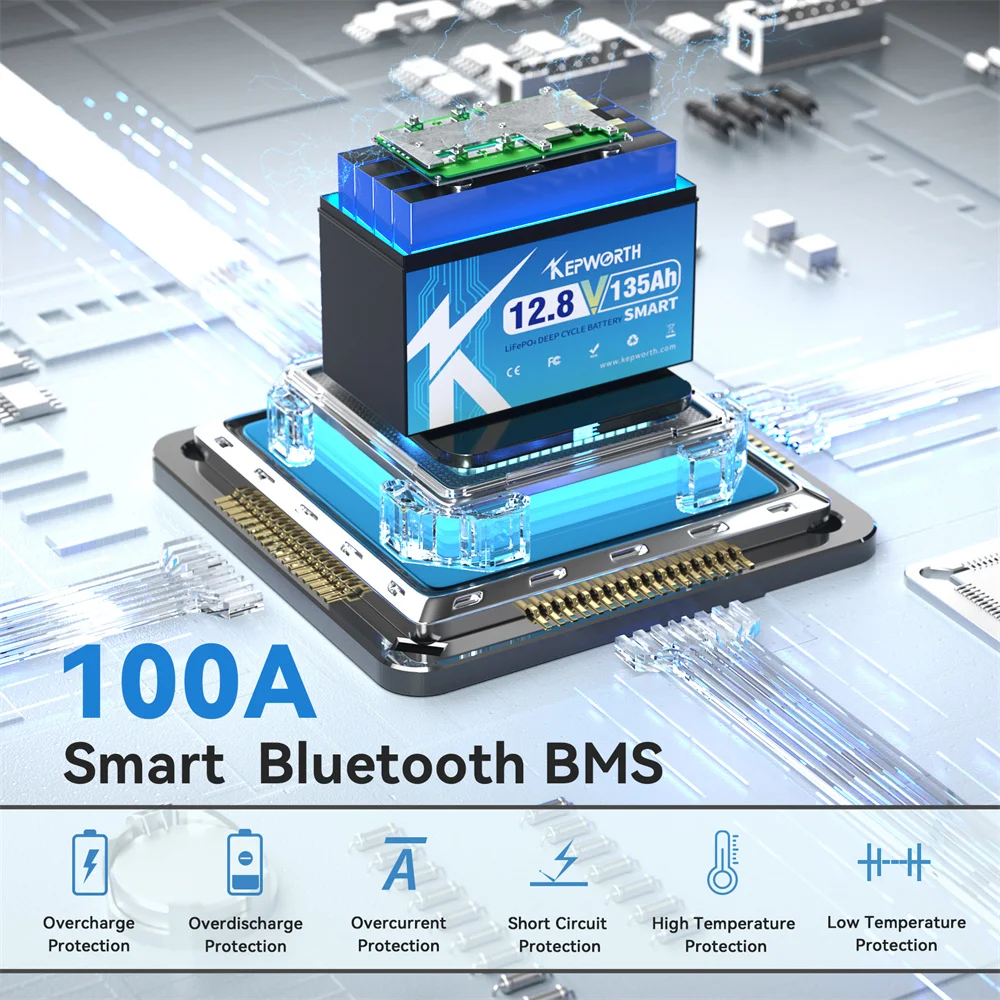 بطارية KEPWORTH 12V 135Ah LiFePO4 مع 100A Bluetooth BMS وحماية منخفضة الحرارة لقارب RV الشمسي #4