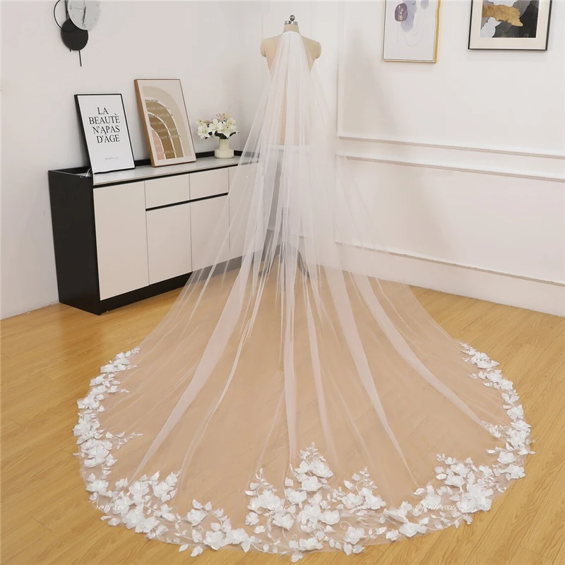 

3D Flowers Leaves Floral Wedding Bridal Veils Accessories For Brides With Comb Ivory White Tulle Cathedral Long Elegant Modern