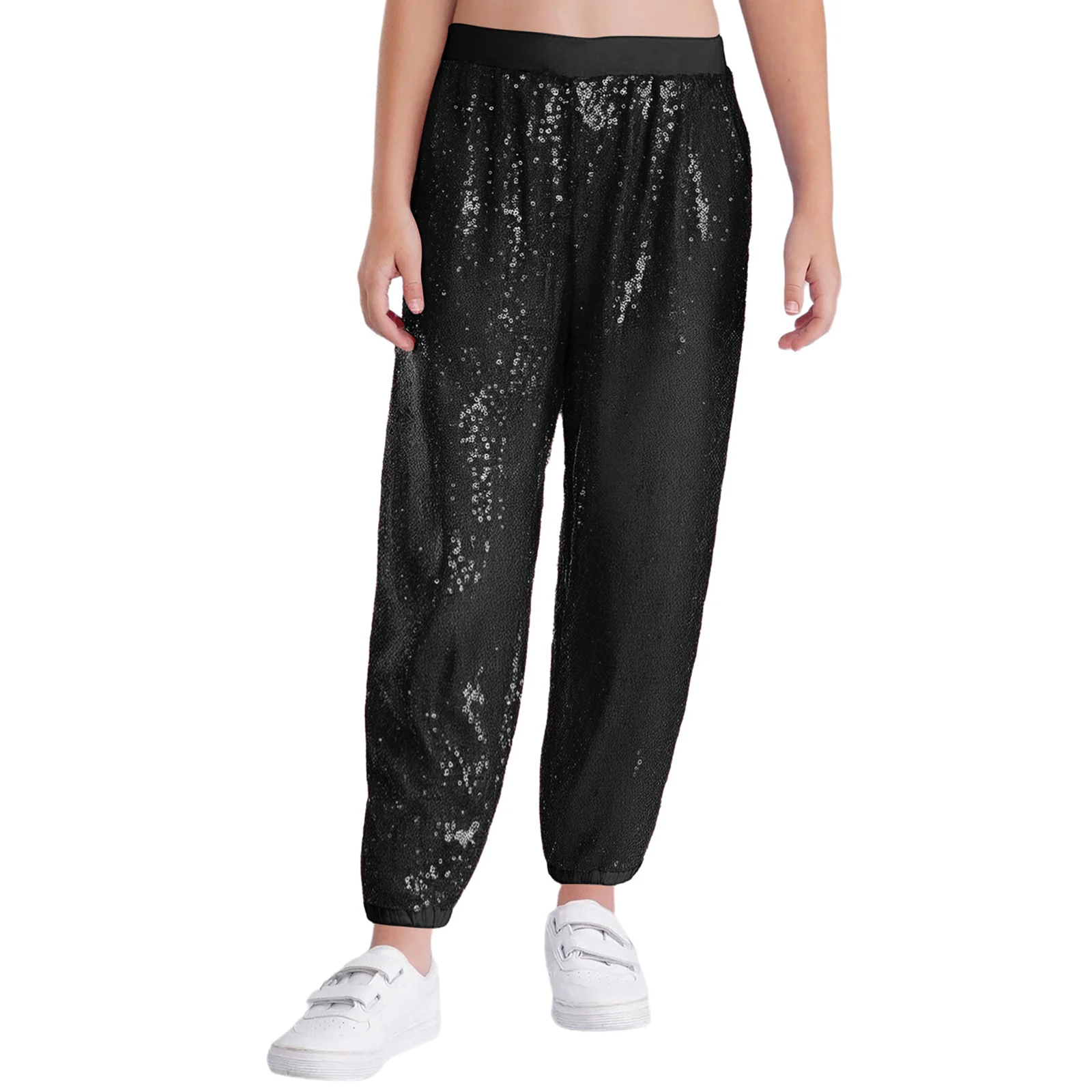 

Kids Girls Sparkling Sequins Dance Pants Elastic Waistband Bloomers Trousers for Jazz Dance Hip-Hop Stage Performance Streetwear