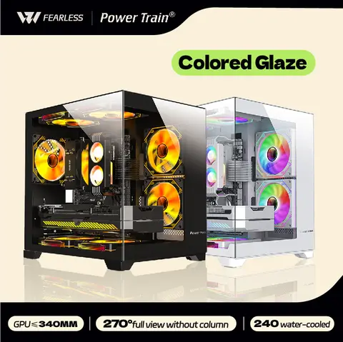 Caja para PC con esmalte de colores Power Train, sala Sea View 270 ° Vista completa sin columna Soporte para chasis de escritorio Enfriador de agua 240