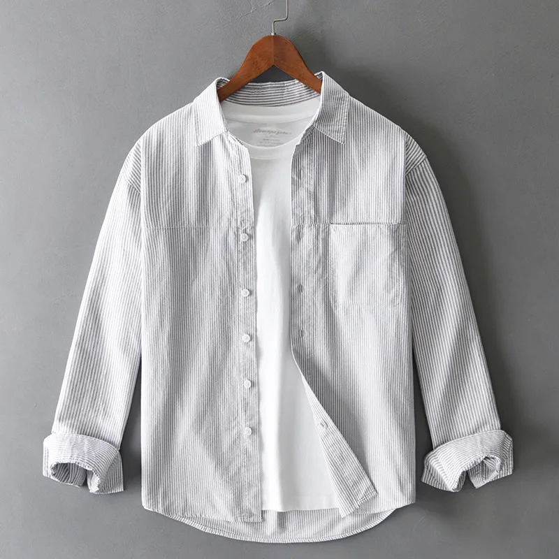 

2025 Spring Fashion High Quality 100% Cotton Striped Work Shirts for Men Plus Size Loose Casual Long Sleeve Tops Japan Youth Y2K