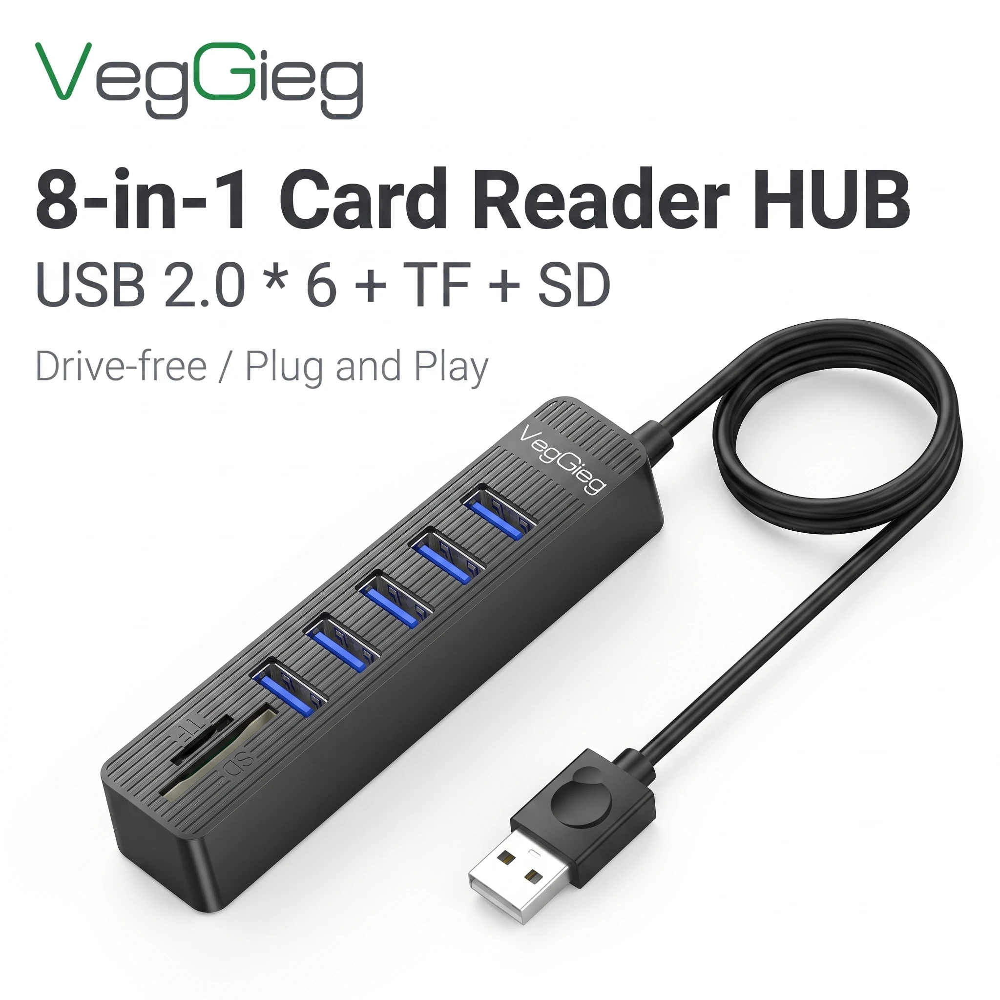 VegGieg 5/8 in 1 USB 2.0 Hub with SD/TF Card Reader High Speed USB Splitter Adapter for PC Laptop Docking Station