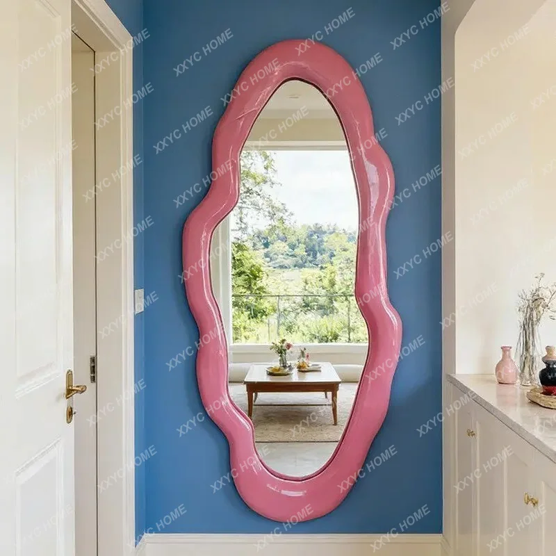 style fitting mirror, pink irregular full-length mirror, home entryway dressing mirror, irregular-shaped wall hanging
