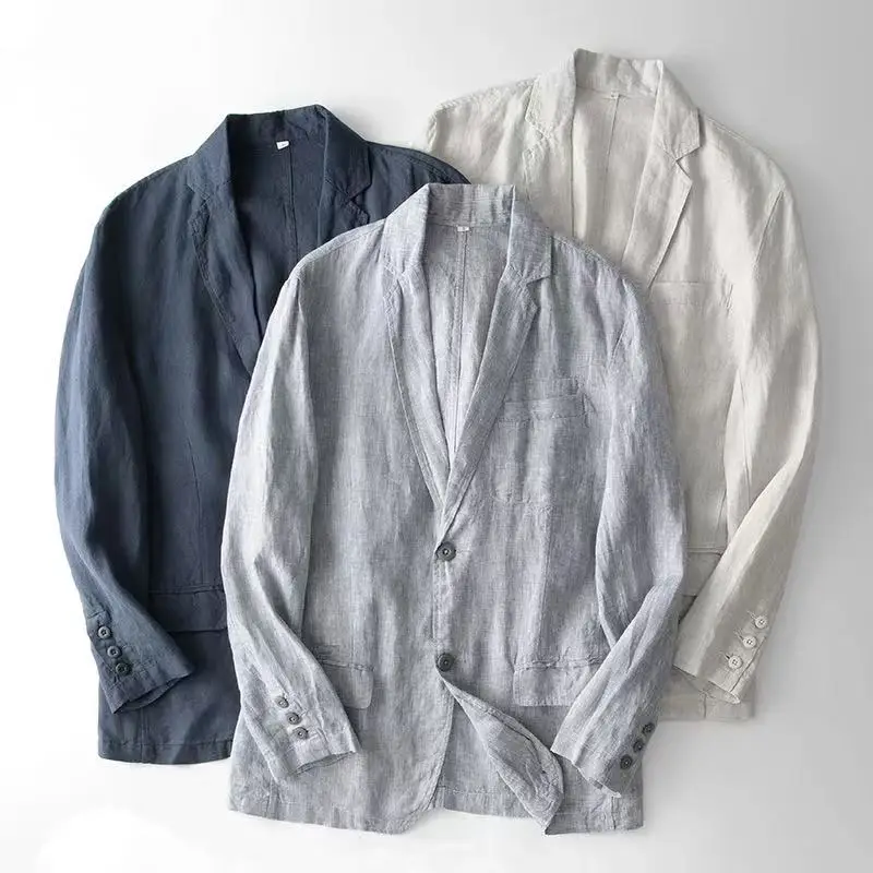 2025 Summer New Men's Linen Casual Suit Coat Solid Color Lightweight Breathable Luxury Cotton Hemp Top 100% Linen Fabric