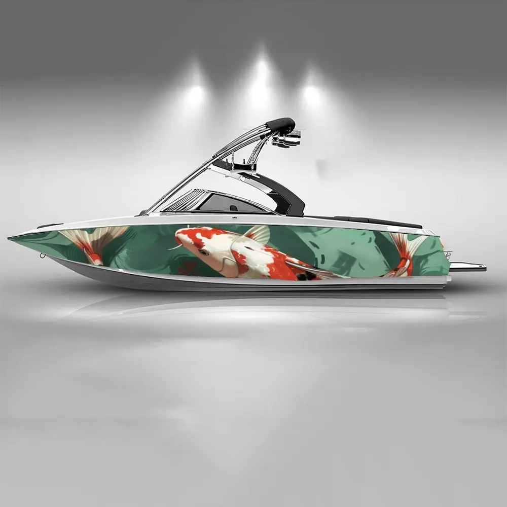 Lucky White-red Koi Swimming Green Water Cool Boat Sticker Vinyl Ship Pontoon Deck Boat Fishing Decorative Pontoon Boats Decal