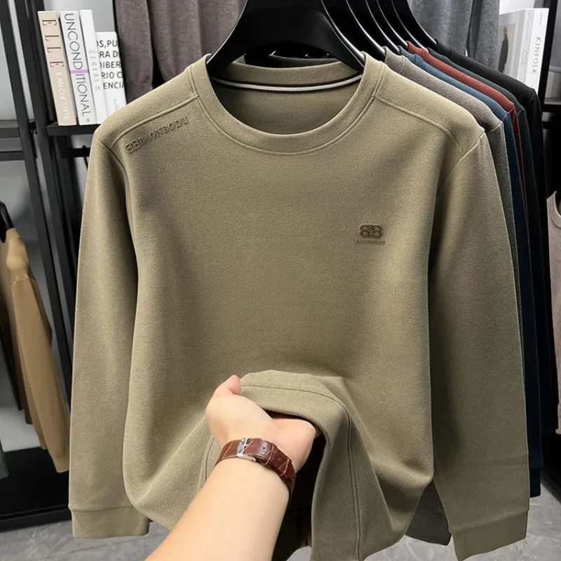 Mulberry Silk Long Sleeved Hoodie Men's Autumn Casual Versatile Elastic Round Neck Trendy Base Shirt T-shirt Top Men's Clothing