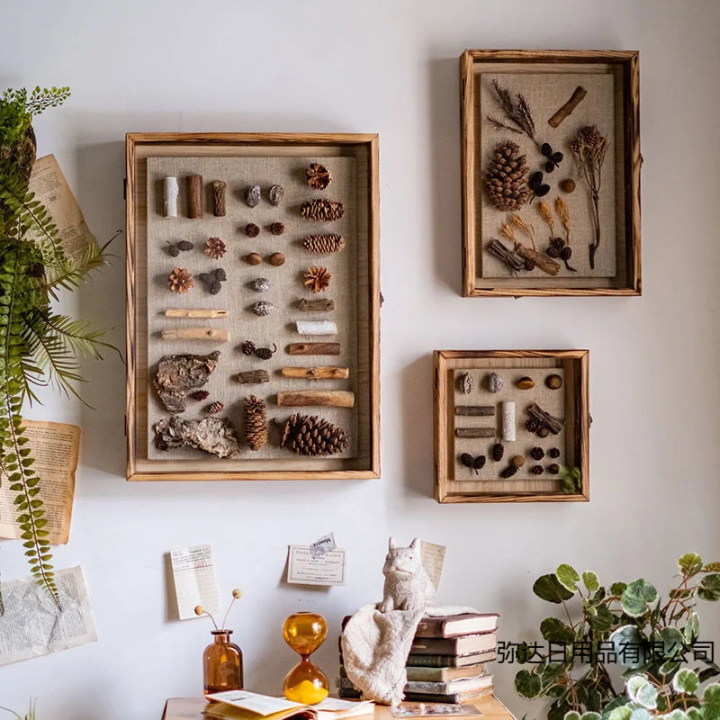 

Solid wood specimen frame retro handmade three-dimensional flip wooden box plant dried flower