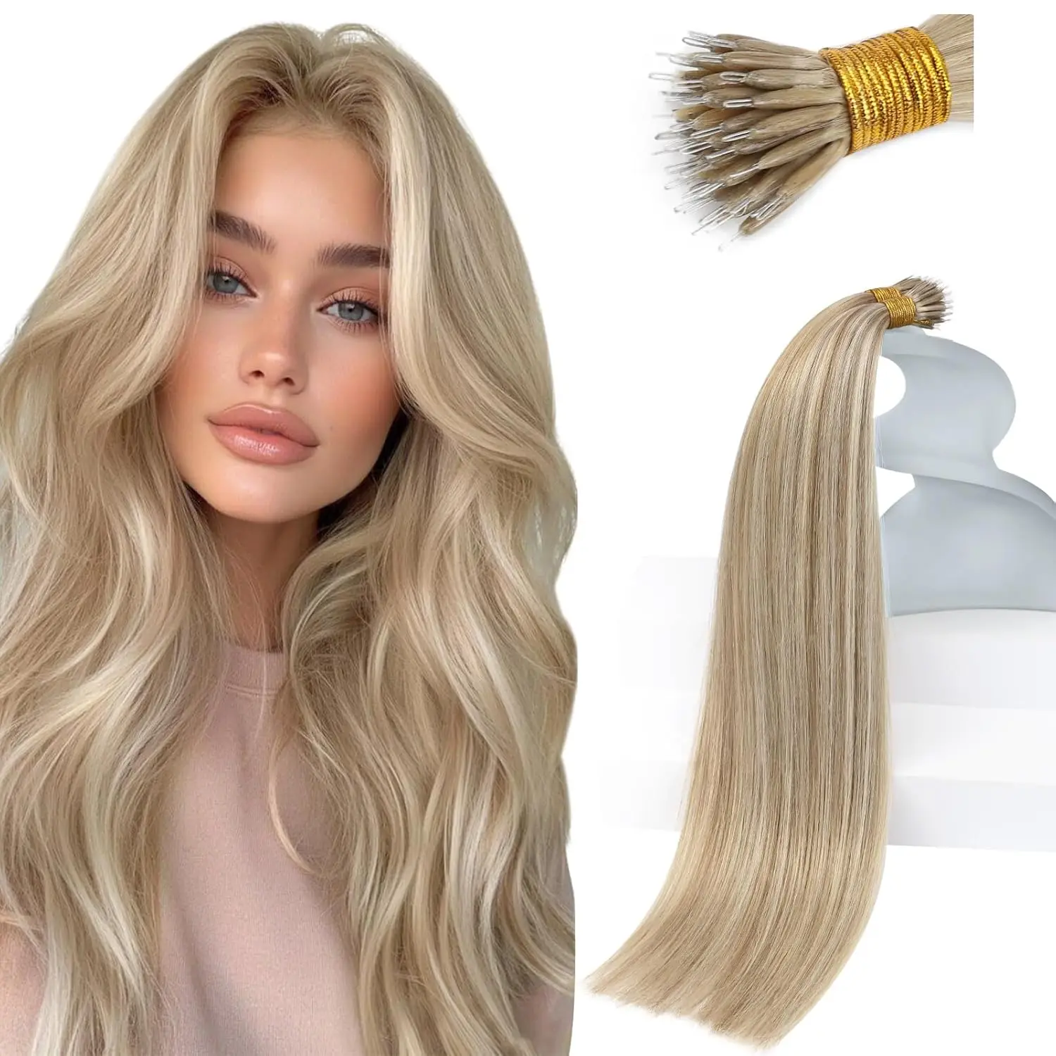 

VeSunny Nano Bead Human Hair Extensions Nano Hair Extensions Ash Blonde Highlight with Bleach Blonde Brazilian Remy Hair