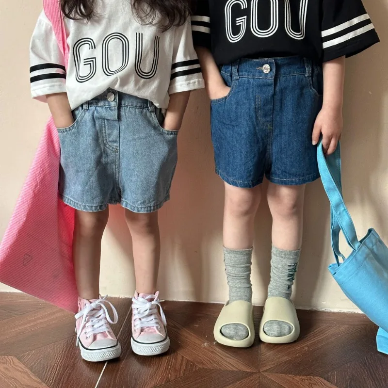 

Summer Kids solid color denim shorts boys all-match knee-length jeans girls casual Middle pants