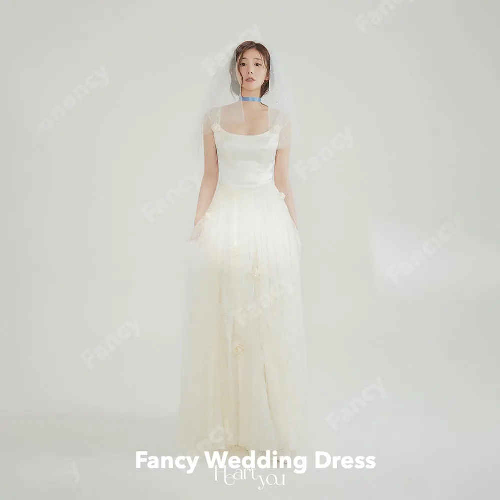 Fantasia elegante flor quadrado pescoço vestido de noite coreia sessão de fotos uma linha tule vestido de casamento sem mangas volta espartilho personalizado