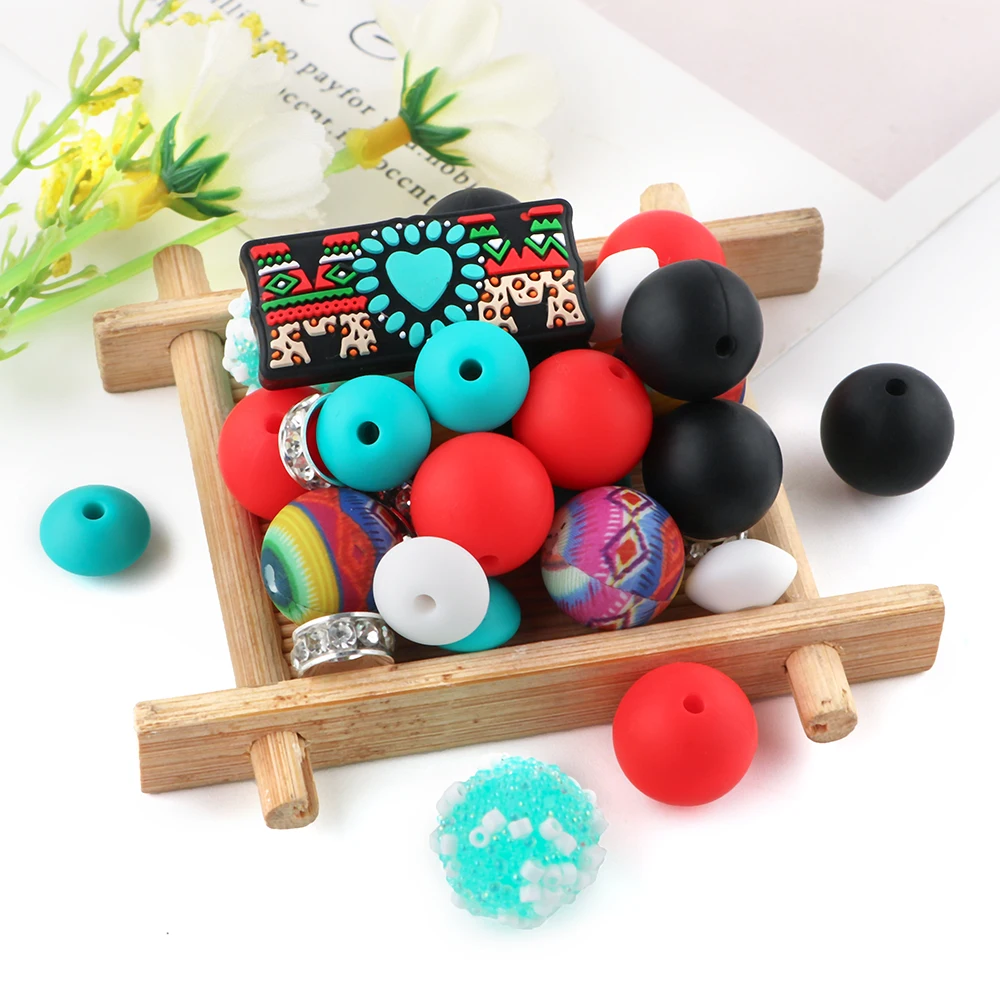 Kovict Silicone Focal Beads National Style Loose Round Printed Beads Set For Jewelry Making DIY Bracelet Keychain Accessories