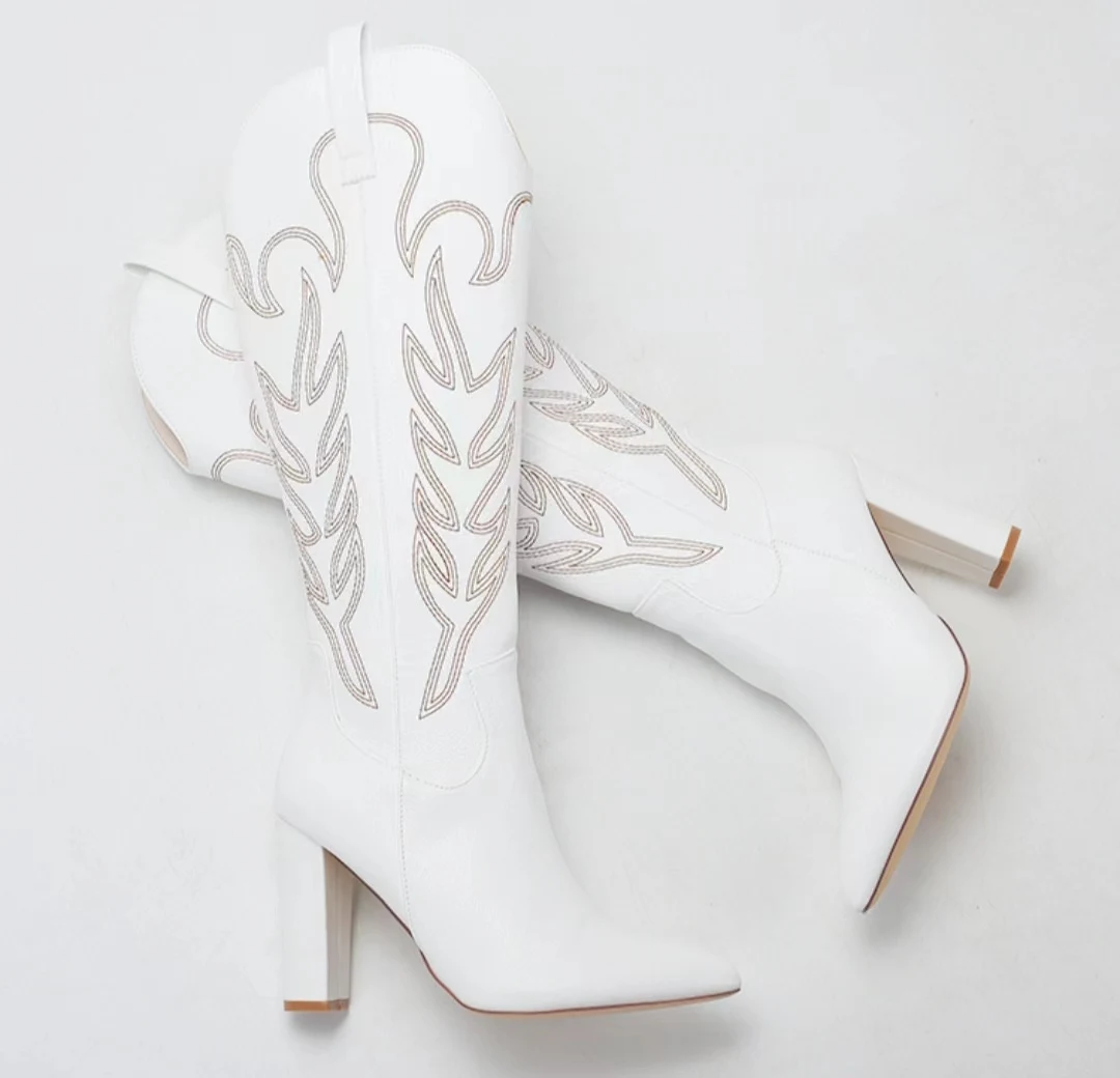 2024 Traf New Pointed Large Embroidered High Heel Cowboy Cowgirl Women\'s Boots High Sleeve White Long Boots Wedding Western boot