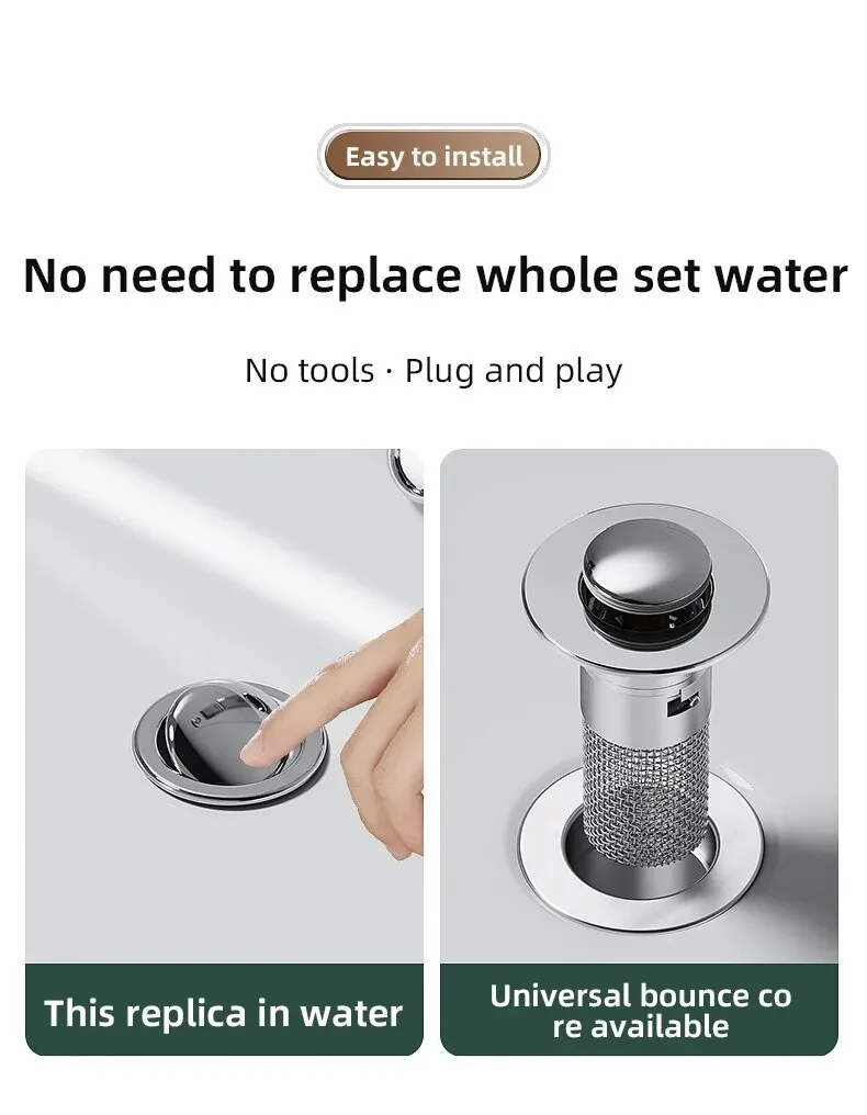 Bounce Core Tappo A Pressione Per Lavello In Acciaio Inox - Anti-Intasamento Con Cestello Filtrante Per Fori Da 28 A 32 Mm - copertina