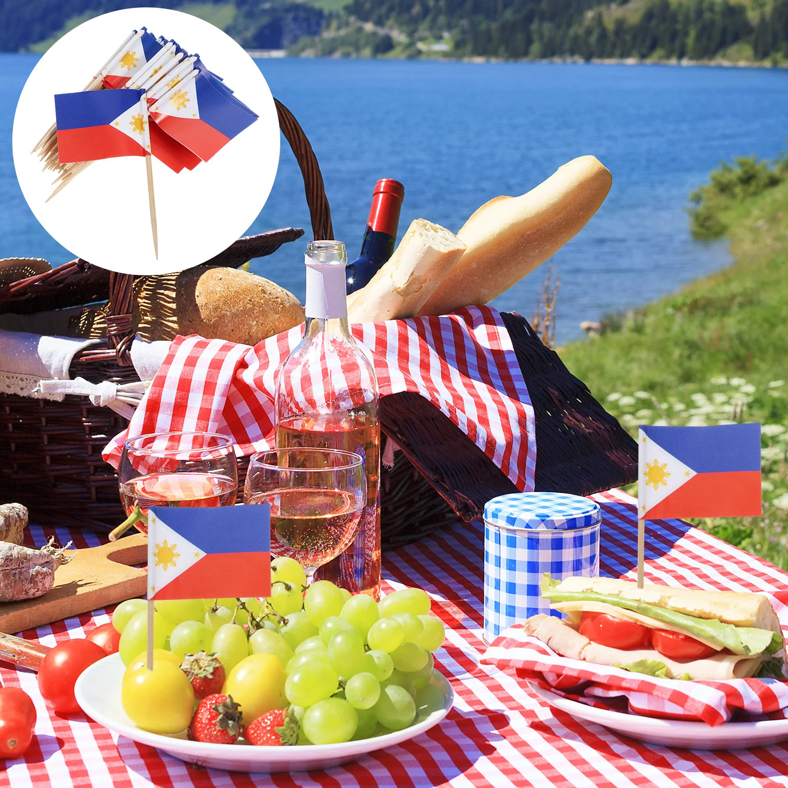 

100Pcs Decorative Fruit Picks Philippines Flag Design Wooden Cocktail Toppers for Dessert and Party Food Display