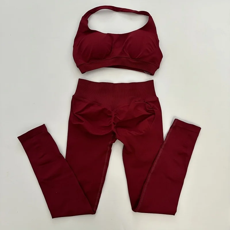 2 Pieces Leggings Set Women Seamless Yoga Set High Waist Scrunch Butt Legging With Halter Sports Bra Workout Gym Suit