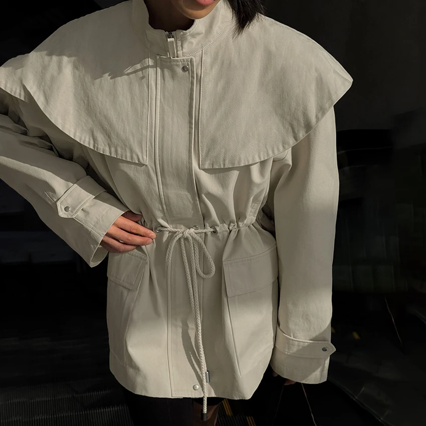 

Linad винтажный светло-хаки с длинным шалью и воротником, Тренч, уличное шикарное пальто на молнии, женская осенняя повседневная верхняя одежда с длинными рукавами, женская верхняя одежда 2025