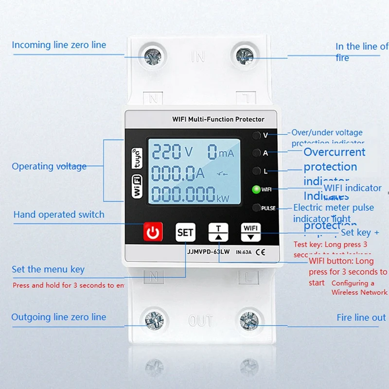 Inteligente Terra Vazamento Sobre Sob Tensão Protetor Relé, disjuntor, Temporizador de Energia, Watt h Medidor, 2X, 63A, TUYA, Wifi