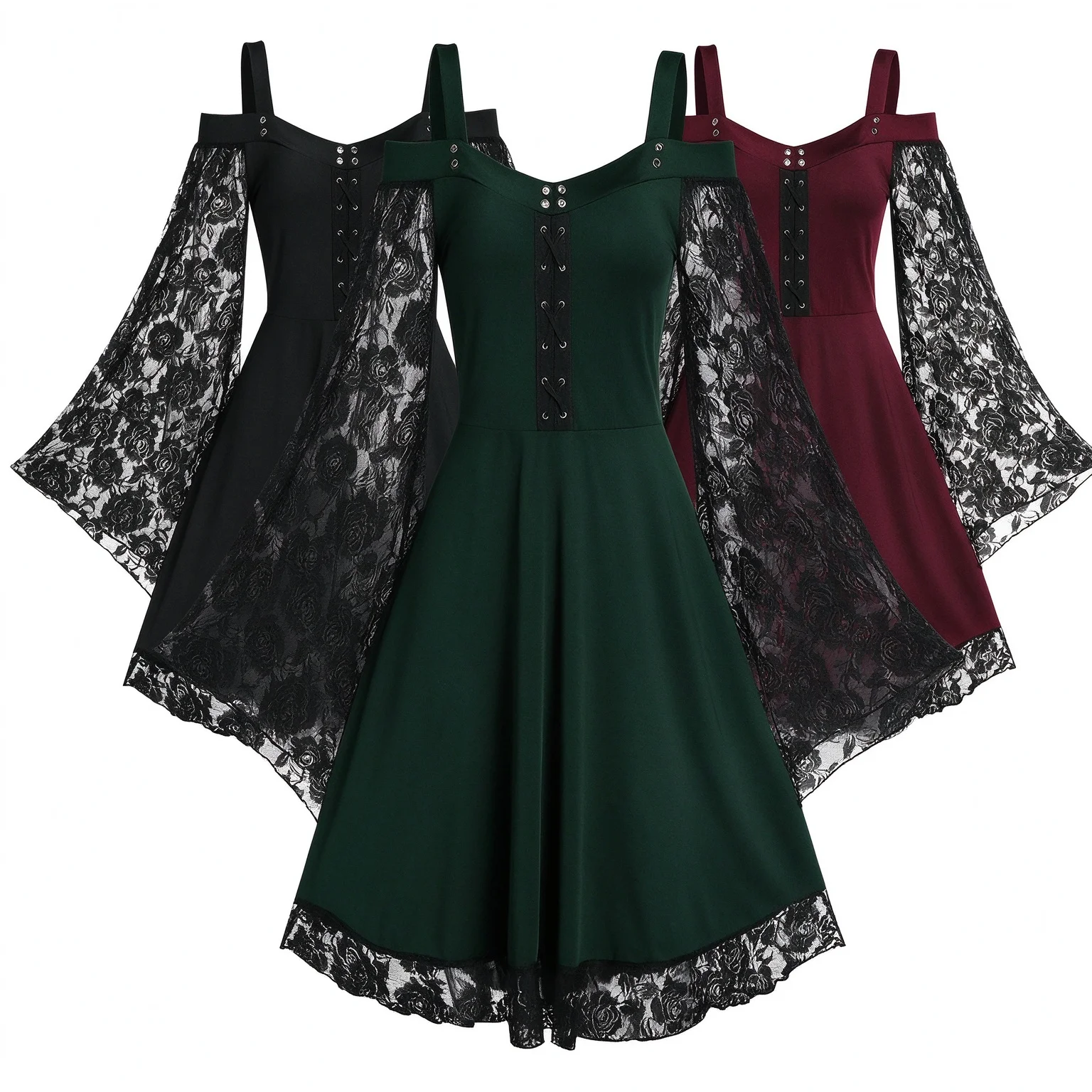 One shoulder flared sleeve lace patchwork artistic retro dress for women's casual dress