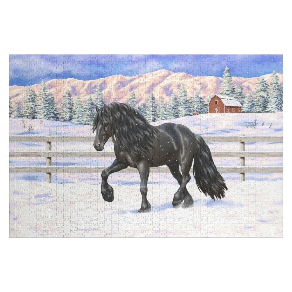 Black Friesian Draft Horse Trotting In Snow Jigsaw Puzzle Custom Name Wood Baby Wooden Personalized Baby Toy Personalised Puzzle