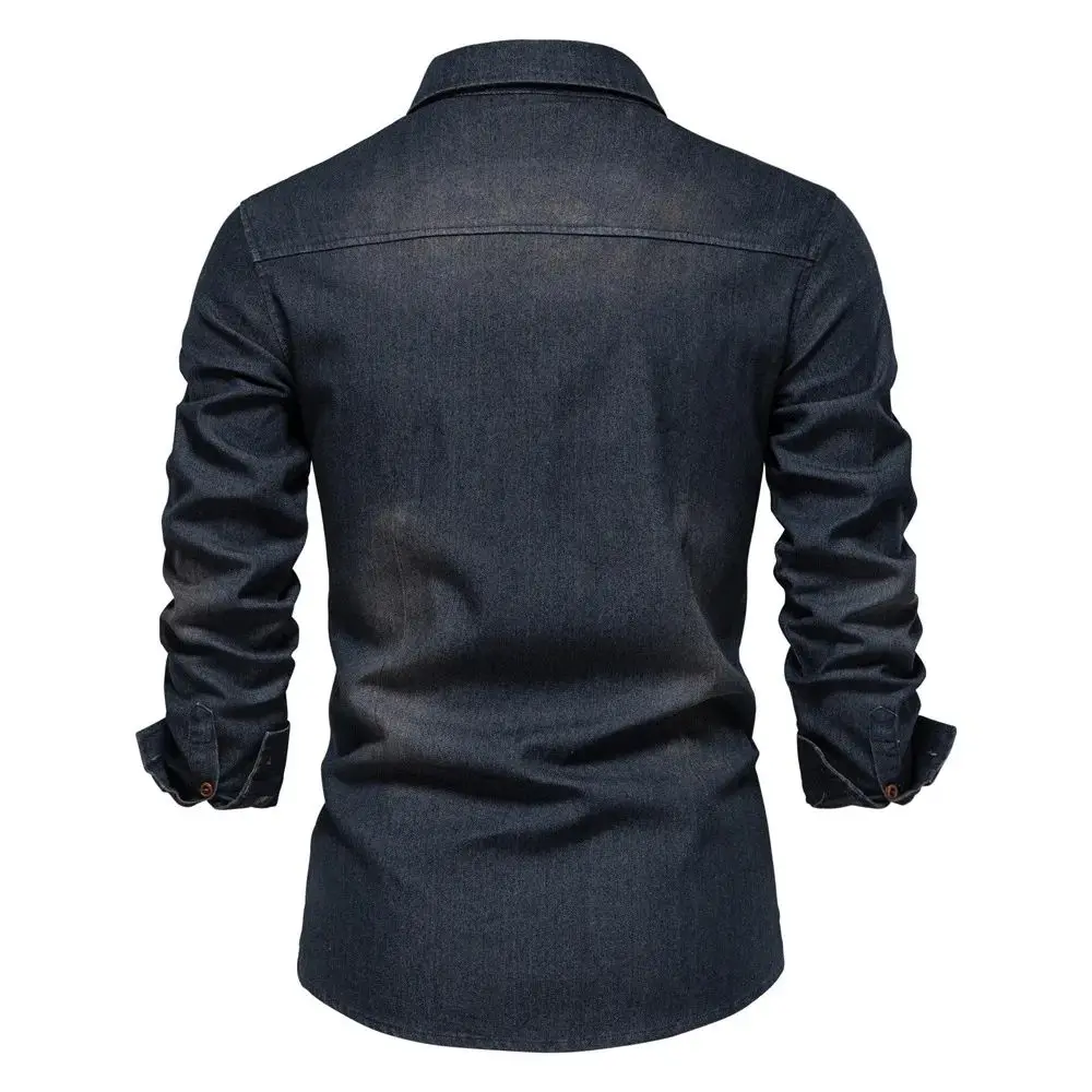 High Quality Cotton Men's Denim Shirt Spring Long Sve Special Wide Fit Fleece Lined Thickened  Collar Nine Sleeve Length