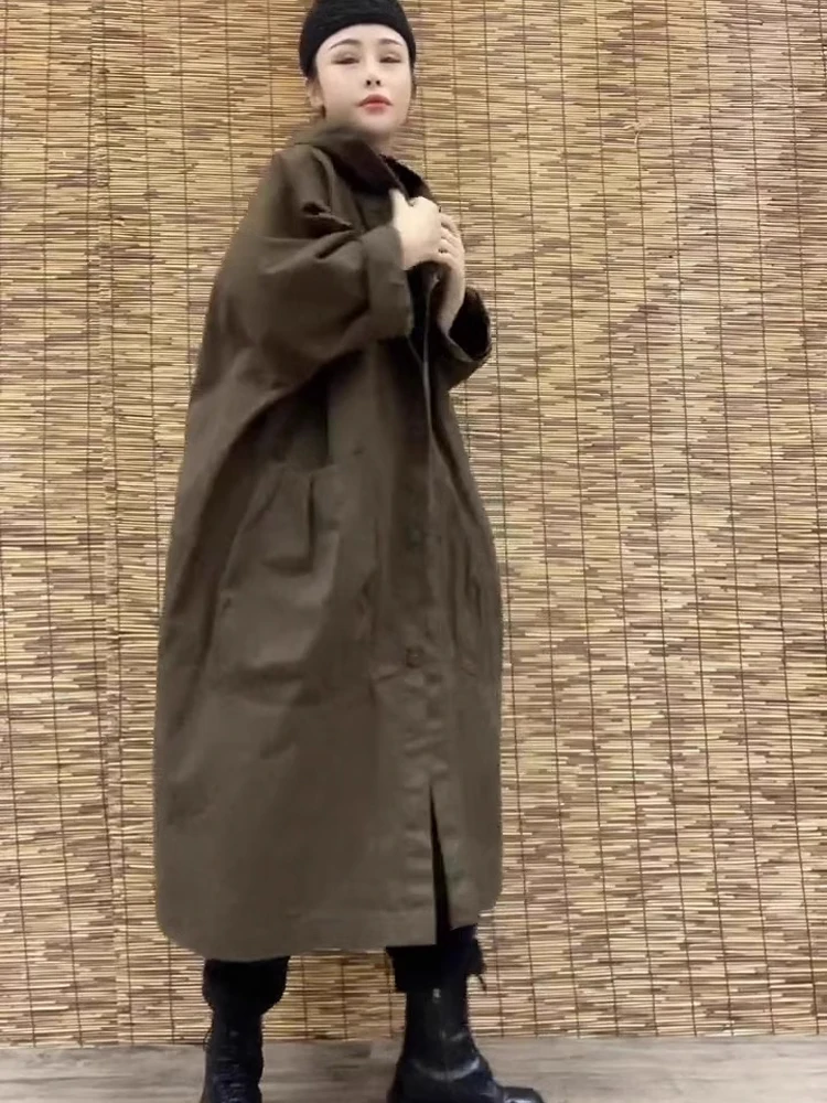 

Женское длинное пальто свободного кроя длиной до колена из чистого хлопка с капюшоном, корейское длинное пальто средней длины с застежкой на одной пуговице