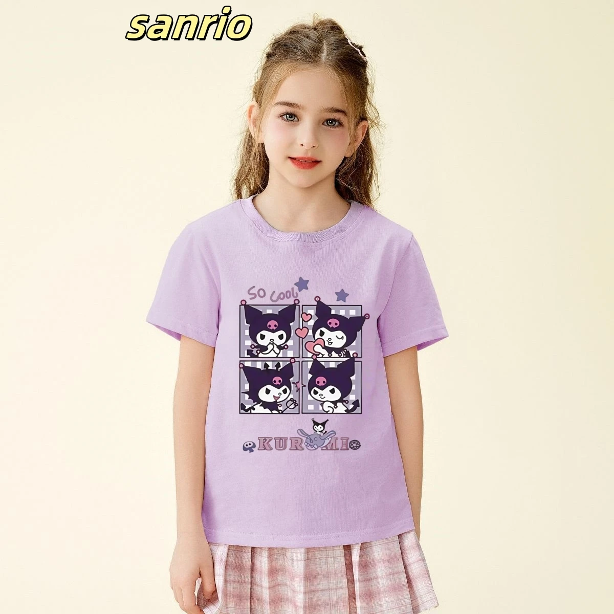 

Sanrion Summer Baby Girls 100% Cotton Clothes Kid Cute Kuromi Printed Short Sleeve T-shirts Children Girls Cartoon Top Outfits