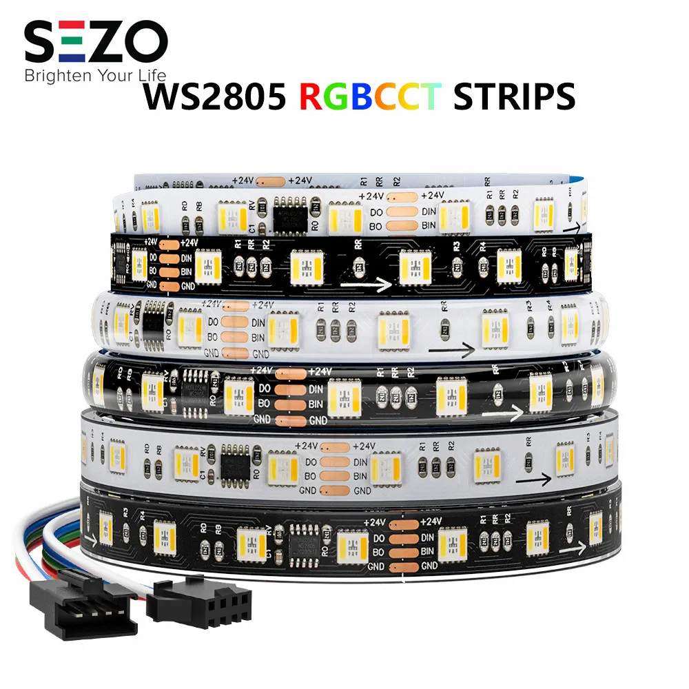 WS2805 SPI RGBCCT Pixel Led Strip 4Pin 60Leds/m IP30 IP65 IP67 Waterproof Addressable Smart Led Lights Strip Black White PCB 24V