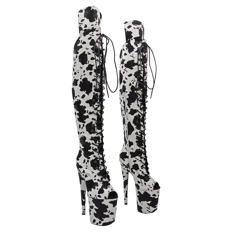 Leecabe  20CM/8inches matte PU Cow pattern open toe new Trendy fashion High Heel platform Party stripper heels Pole Dance boots