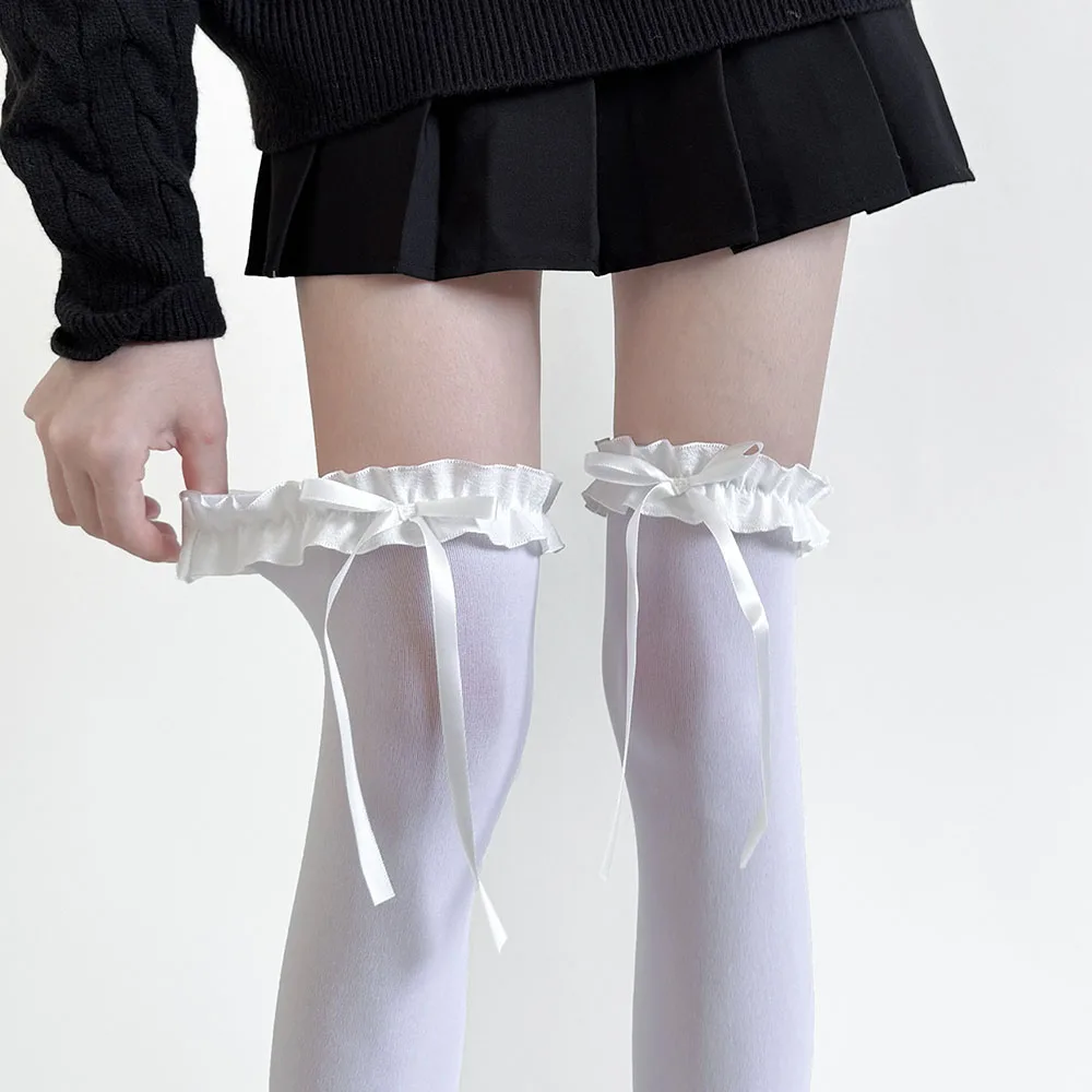 Sexy süße weiche Oberschenkelstrümpfe im JK-Lolita-Stil für Mädchen, lange Socken, Strümpfe im japanischen Stil, Spitze, Schleife, Kniestrümpfe